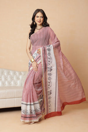 Maroon Striped Printed Cotton Blend Saree (SZR-CHERRY2-MR-2700)
