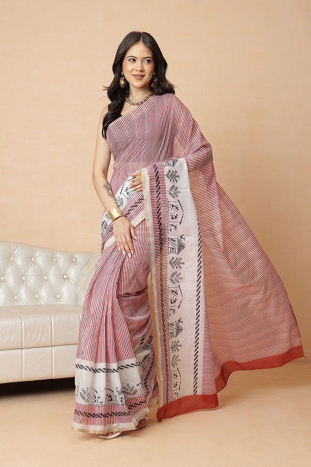 Maroon Striped Printed Cotton Blend Saree (SZR-CHERRY2-MR-2700)