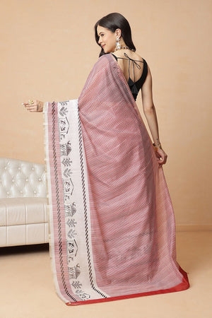 Maroon Striped Printed Cotton Blend Saree (SZR-CHERRY2-MR-2700)