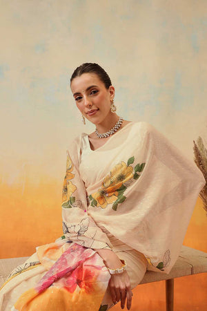 Yellow Floral Printed Chiffon Ready to Wear Saree