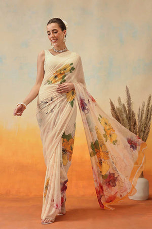Yellow Floral Printed Chiffon Ready to Wear Saree