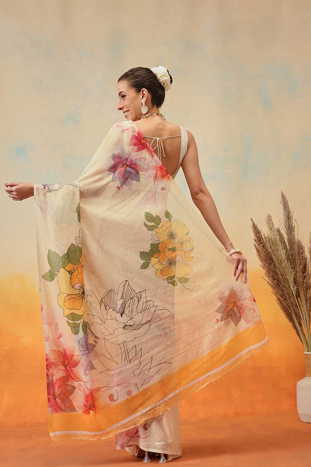 Yellow Floral Printed Chiffon Ready to Wear Saree