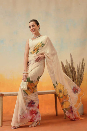 Yellow Floral Printed Chiffon Ready to Wear Saree