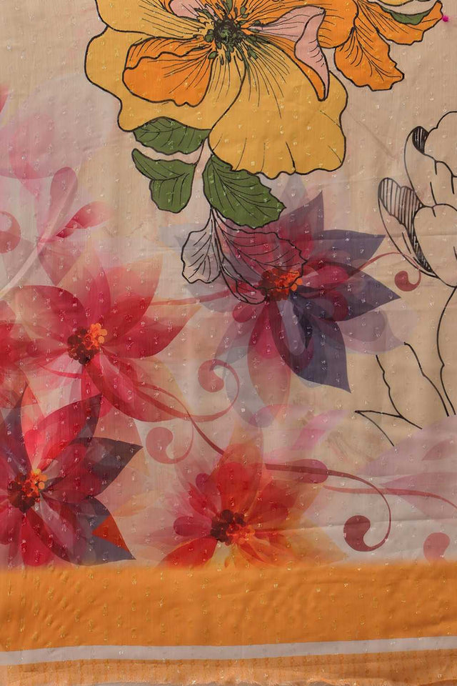 Yellow Floral Printed Chiffon Ready to Wear Saree