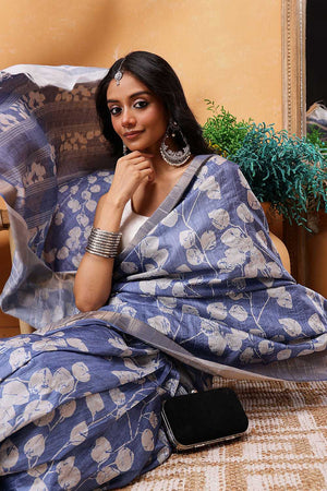 Blue Floral Printed Art Silk Ready to Wear Saree