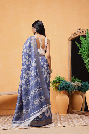 Blue Floral Printed Art Silk Ready to Wear Saree