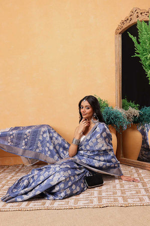 Blue Floral Printed Art Silk Ready to Wear Saree