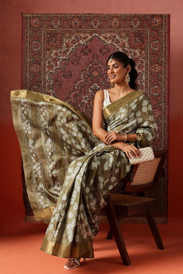 Olive Green Floral Printed Silk Ready to Wear Saree