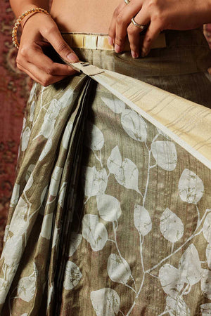 Olive Green Floral Printed Silk Ready to Wear Saree