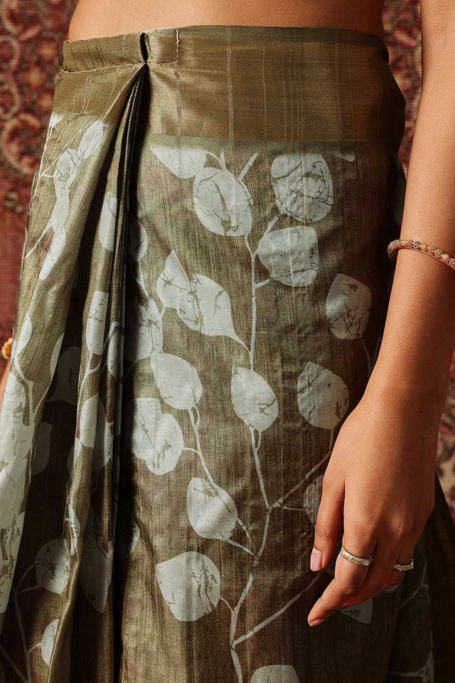 Olive Green Floral Printed Silk Ready to Wear Saree