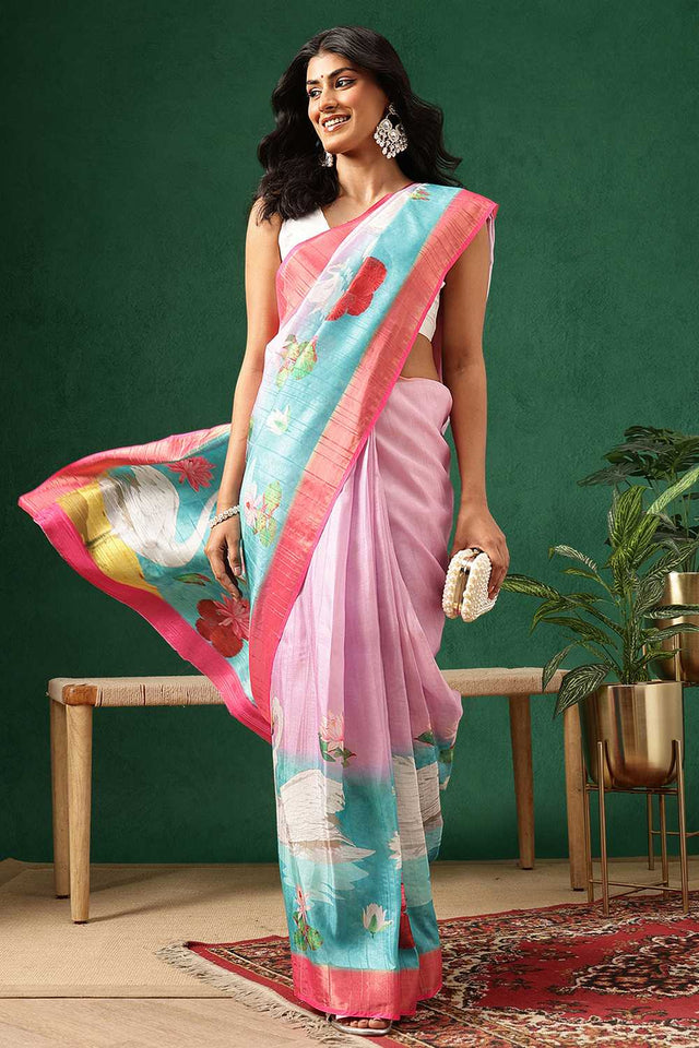 Pink Abstract Printed Silk Ready to Wear Saree