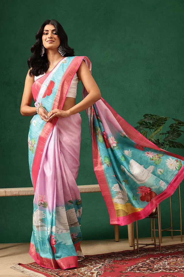 Pink Abstract Printed Silk Ready to Wear Saree