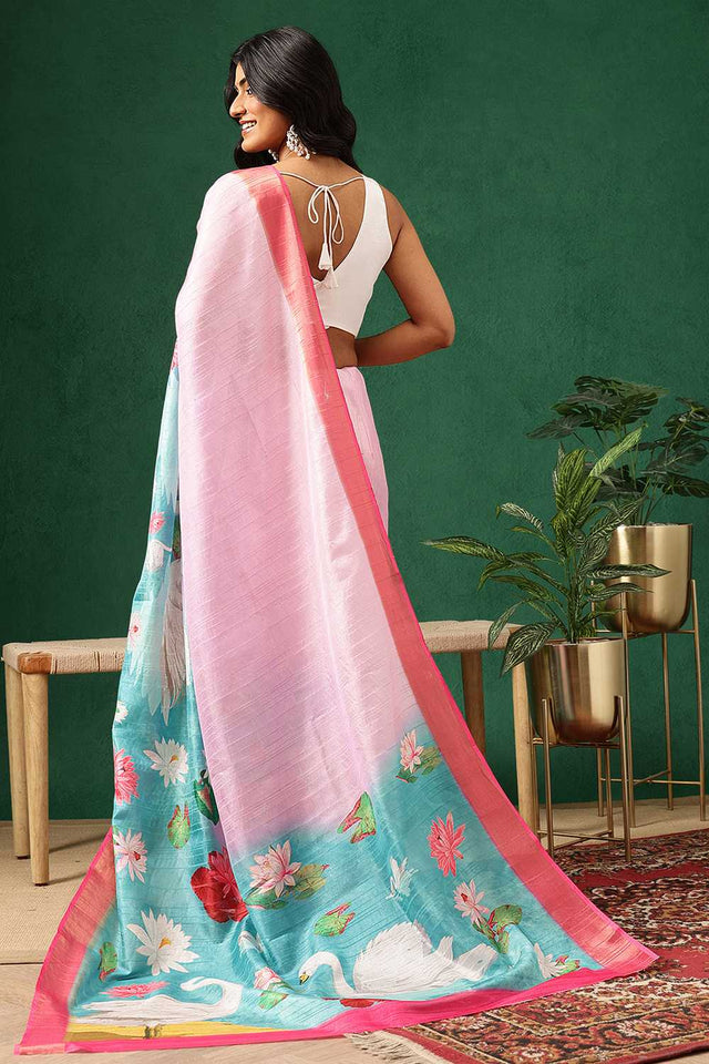 Pink Abstract Printed Silk Ready to Wear Saree