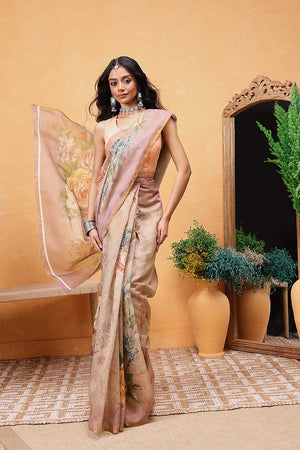 Beige Floral Printed Cotton Blend Ready to Wear Saree