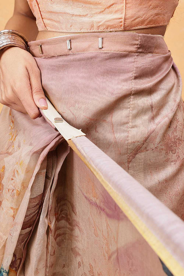 Beige Floral Printed Cotton Blend Ready to Wear Saree