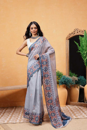 Grey Floral Printed Cotton Blend Ready to Wear Saree