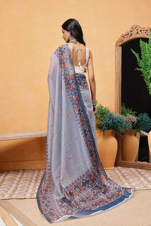 Grey Floral Printed Cotton Blend Ready to Wear Saree