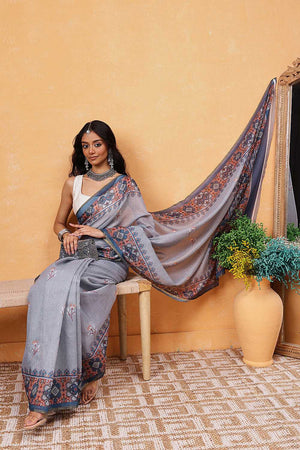 Grey Floral Printed Cotton Blend Ready to Wear Saree
