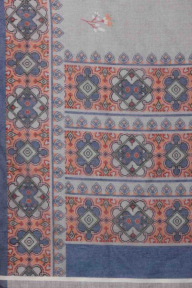 Grey Floral Printed Cotton Blend Ready to Wear Saree