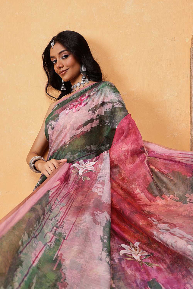 Multi Color Floral Printed Cotton Blend Ready to Wear Saree