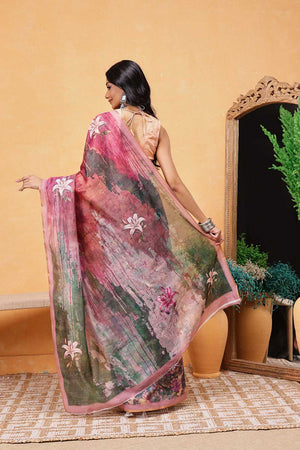 Multi Color Floral Printed Cotton Blend Ready to Wear Saree