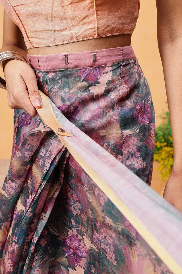 Multi Color Floral Printed Cotton Blend Ready to Wear Saree