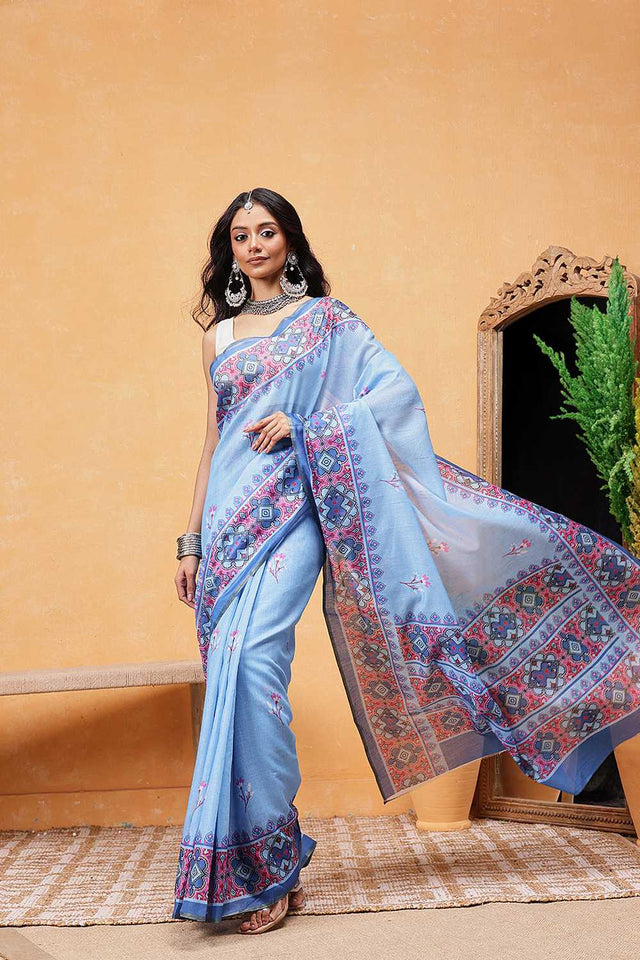 Blue Floral Printed Cotton Blend Ready to Wear Saree