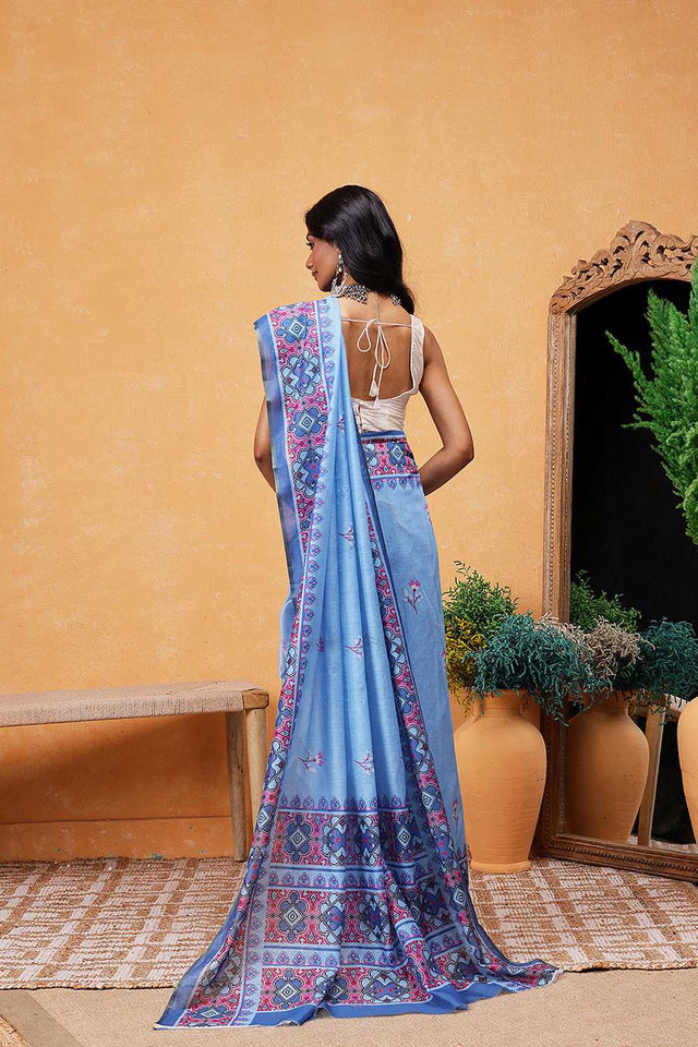 Blue Floral Printed Cotton Blend Ready to Wear Saree