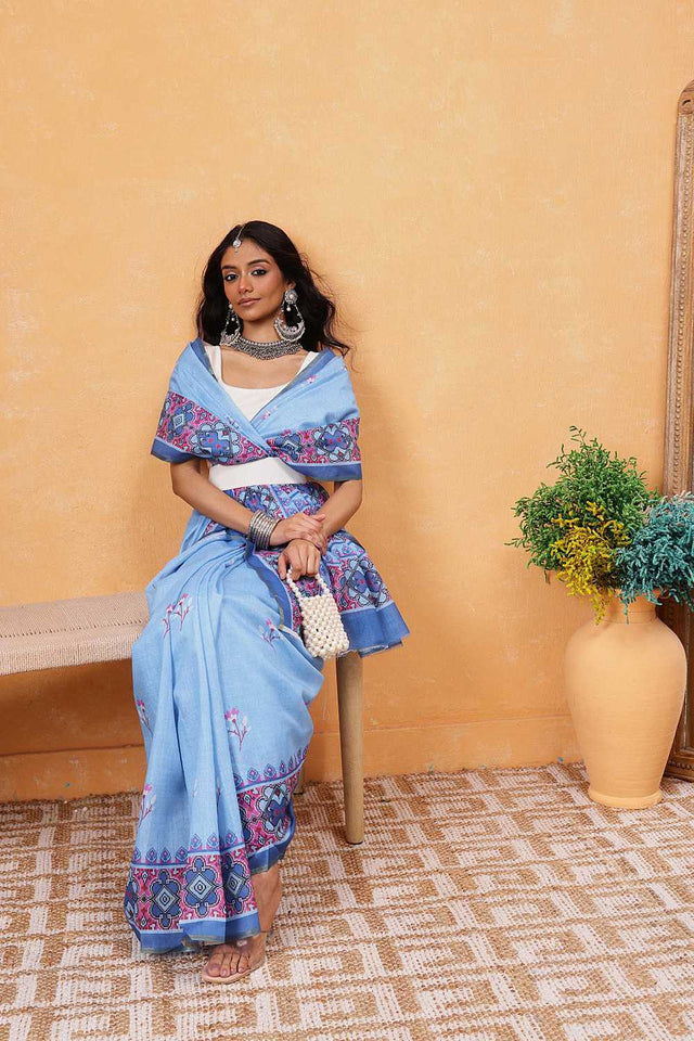 Blue Floral Printed Cotton Blend Ready to Wear Saree