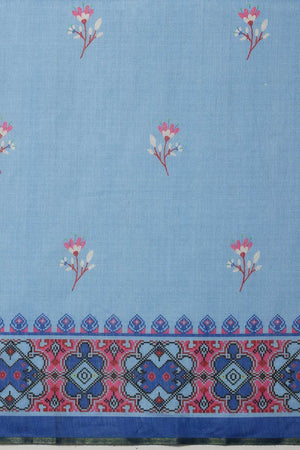 Blue Floral Printed Cotton Blend Ready to Wear Saree