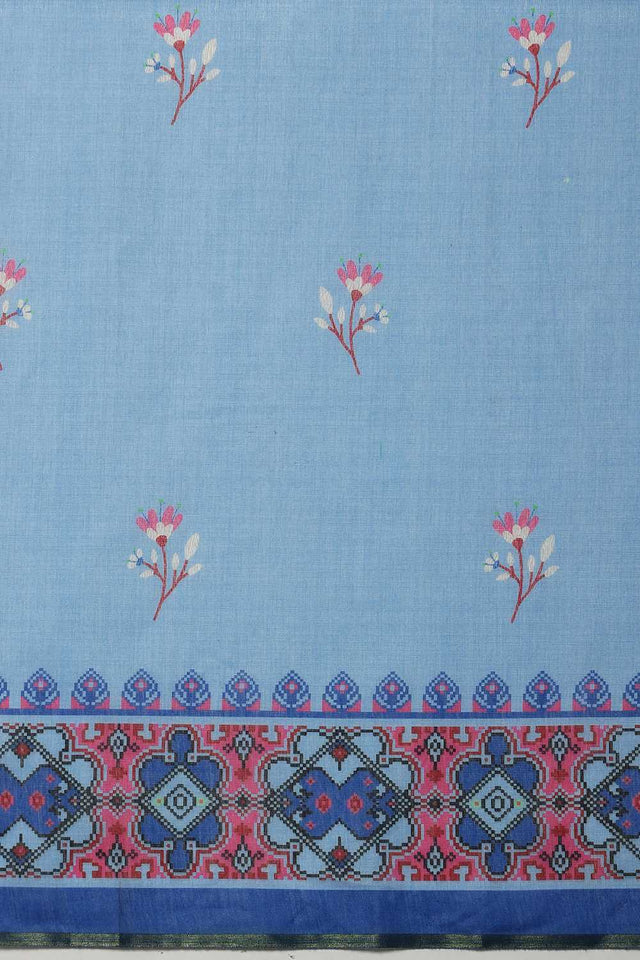 Blue Floral Printed Cotton Blend Ready to Wear Saree