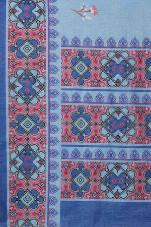 Blue Floral Printed Cotton Blend Ready to Wear Saree