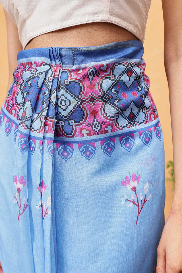 Blue Floral Printed Cotton Blend Ready to Wear Saree