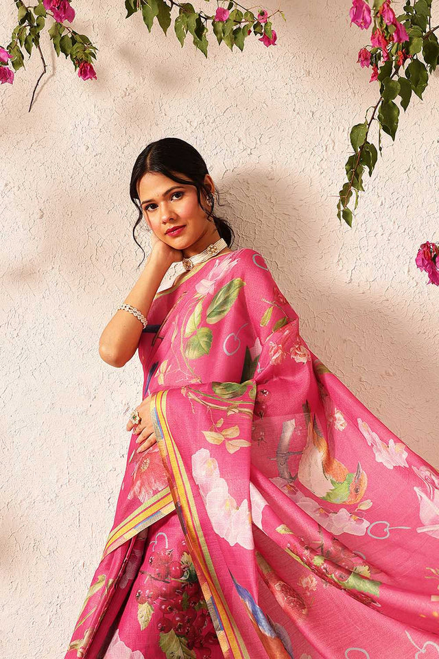 Pink Abstract Printed Cotton Blend Ready to Wear Saree