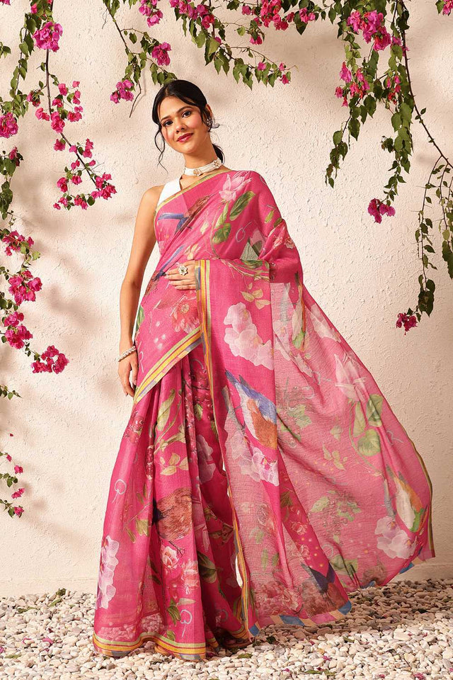 Pink Abstract Printed Cotton Blend Ready to Wear Saree