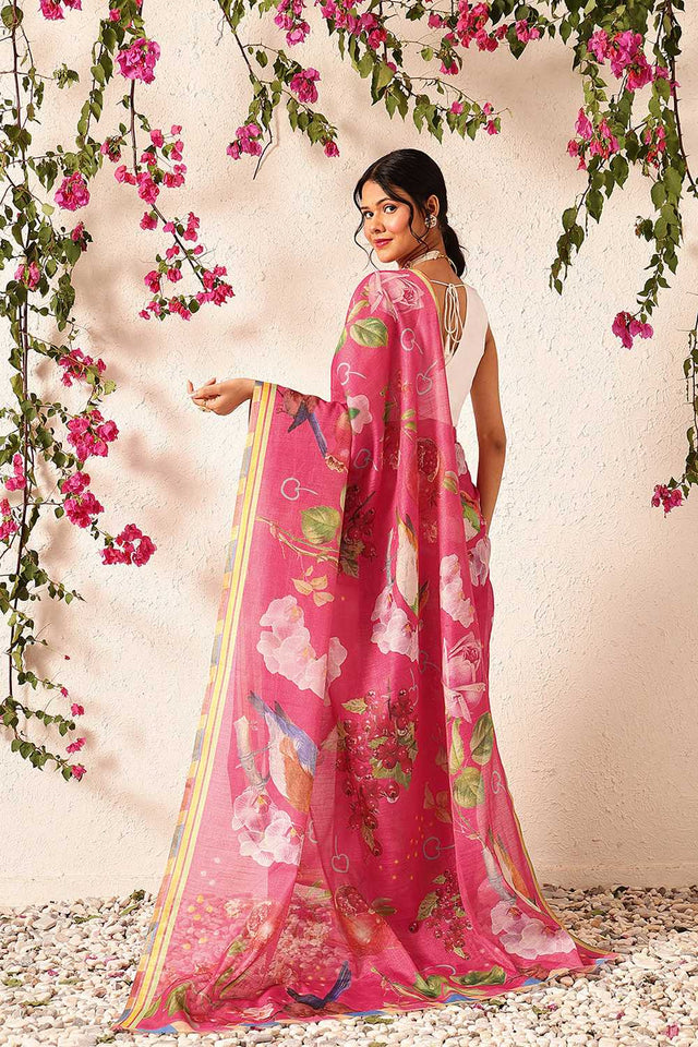Pink Abstract Printed Cotton Blend Ready to Wear Saree