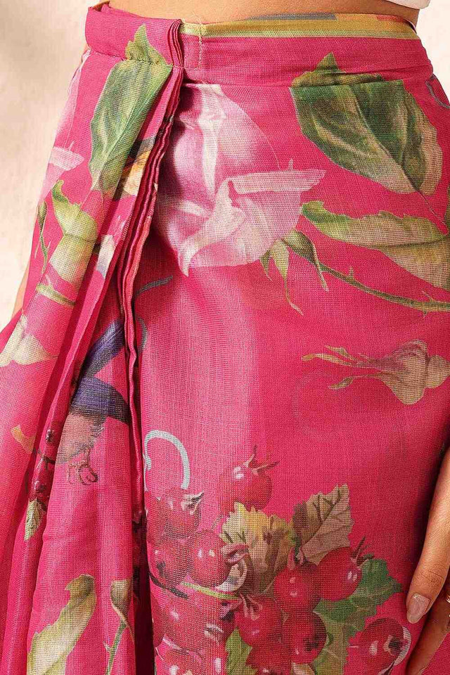 Pink Abstract Printed Cotton Blend Ready to Wear Saree