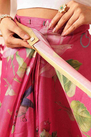Pink Abstract Printed Cotton Blend Ready to Wear Saree