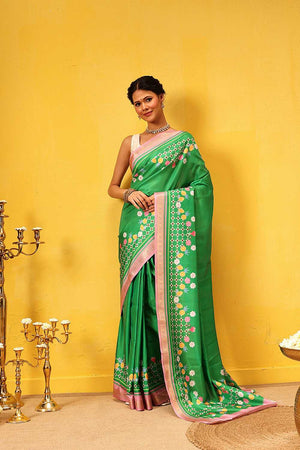 Green Abstract Printed Art Silk Ready to Wear Saree