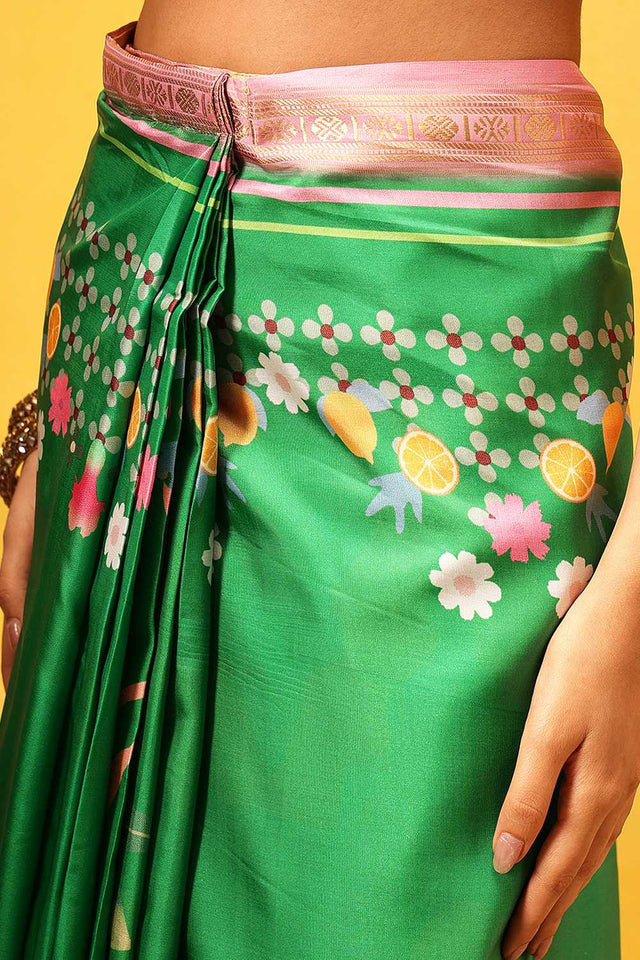 Green Abstract Printed Art Silk Ready to Wear Saree