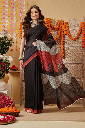 Black Printed Cotton Ready to Wear Saree