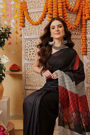 Black Printed Cotton Ready to Wear Saree