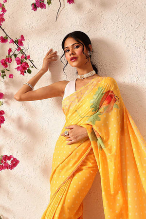Mustard Polka Dots Printed Mul Cotton Ready to Wear Saree