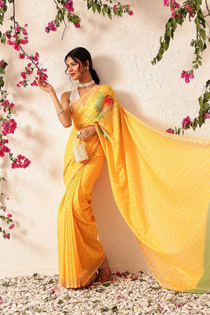 Mustard Polka Dots Printed Mul Cotton Ready to Wear Saree