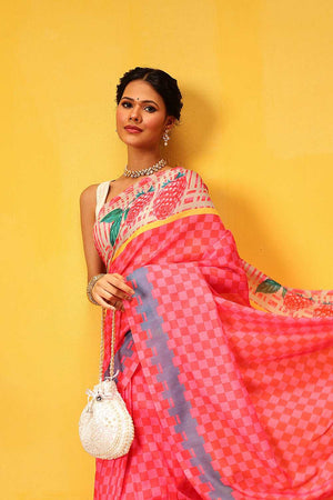 Pink Abstract Printed Mul Cotton Ready to Wear Saree