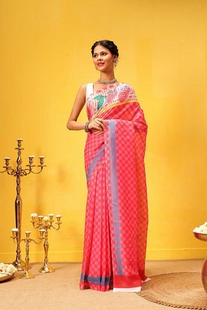 Pink Abstract Printed Mul Cotton Ready to Wear Saree