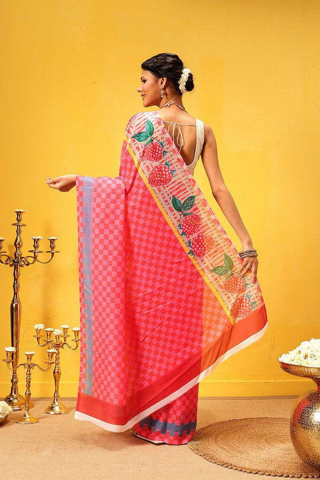 Pink Abstract Printed Mul Cotton Ready to Wear Saree
