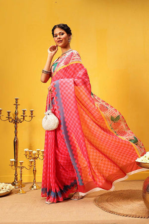 Pink Abstract Printed Mul Cotton Ready to Wear Saree