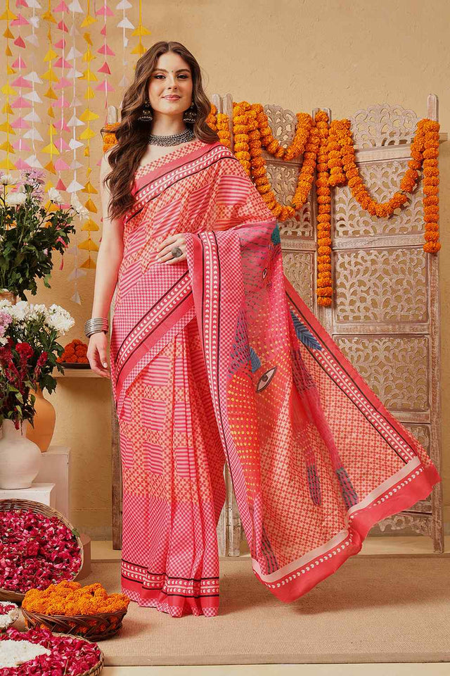 Pink Printed Cotton Ready to Wear Saree