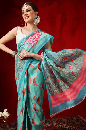Turquoise Printed Cotton Ready to Wear Saree